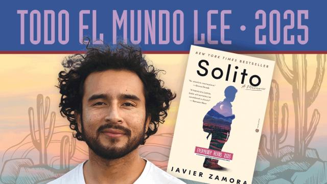 Author Javier Zamora and book cover of Solito with silhouette of a young boy with a backpack filled by landscape of mountains and the moon at dusk.