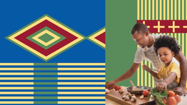 Parent and child cooking together with a kente pattern on the left.