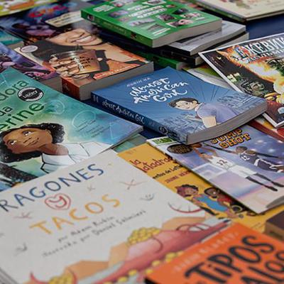 Various colorful books on a table