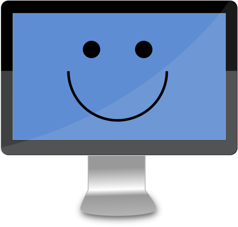 Illustration of a computer monitor displaying a blue screen with a black smiley face.