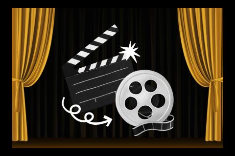 Illustration of a clapperboard with a film reel in front of a black screen with yellow curtains pulled back.