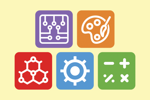 Illustration of the 5 elements of STEAM: Science, technology, engineering, and mathematics, all with different colors on a yellow background.