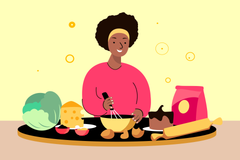 Illustration of a person mixing a bowl with a whisk on a yellow background