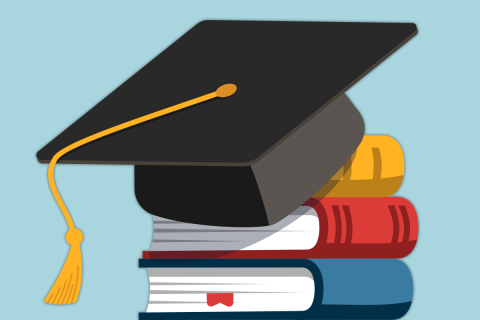 Illustration of a black graduate's cap with a yellow tassel tipped over a stack of books on a blue background.