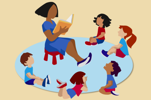 Illustration of a person reading to a group of kids on a blue carpet