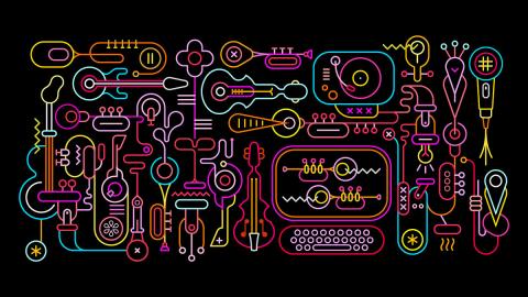 Graphic of various instruments outlined in different neon colors