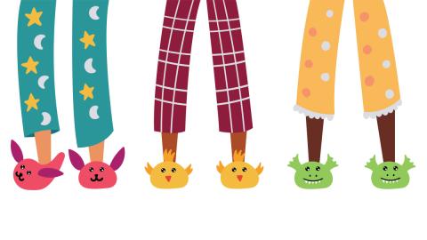 Illustration of 3 different people wearing pajamas and slippers in different colors.