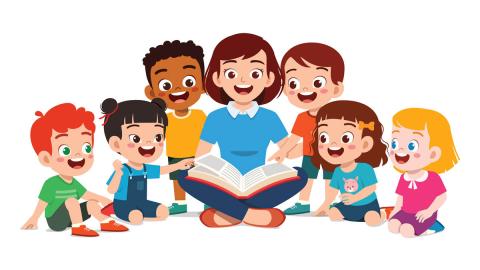 Graphic of many children gathered around an adult reading.