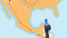 Illustration of the figure from Javier Zamora's memoir "Solito," and his migration to the United States.