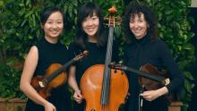 three smiling musicians in black clothing holding string instruments