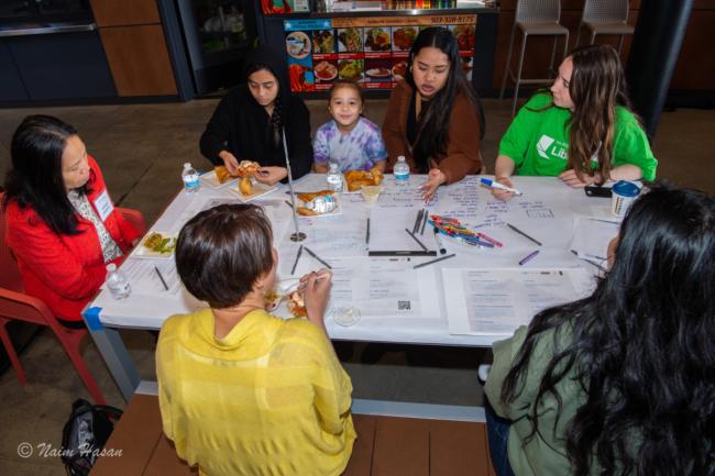  Los miembros de la comunidad se reúnen alrededor de una mesa para compartir sus visiones de la nueva Biblioteca de East County con los interesados en el proyecto