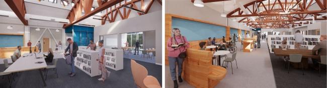 Bright blue colors highlight the exterior design of the new Northwest Library.