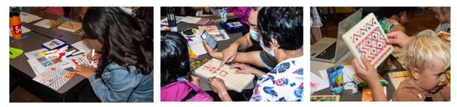 Three different scenes of community members making patterns at Midland Library