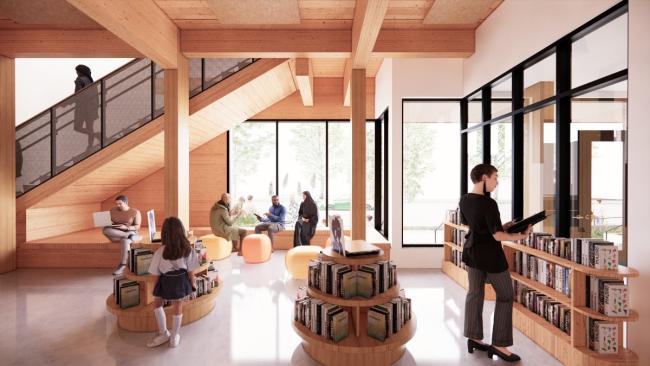 Draft rendering of Belmont Library's lobby on the first floor 