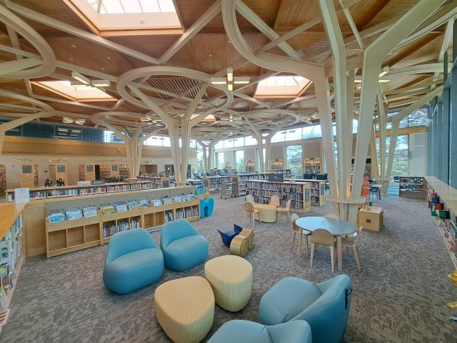 Hillsdale's updated children's area with soft seating and fun animal chairs