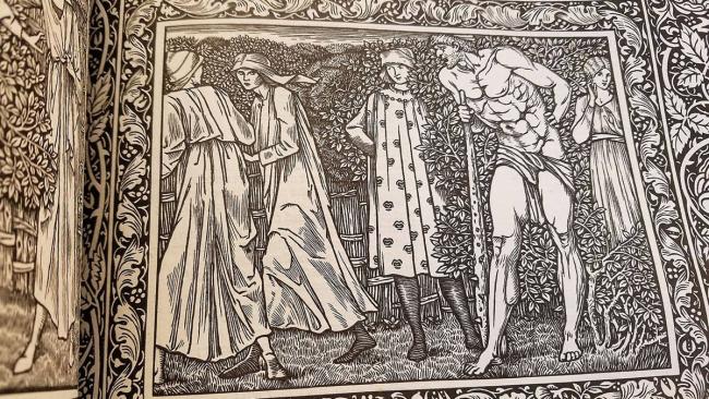 extremely detailed woodblock print from The works of Geoffrey Chaucer printed by Kelmscott Press