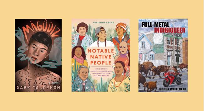 Three book covers, from left to right, magodiz, notable native people, and full-metal indigiqueer.